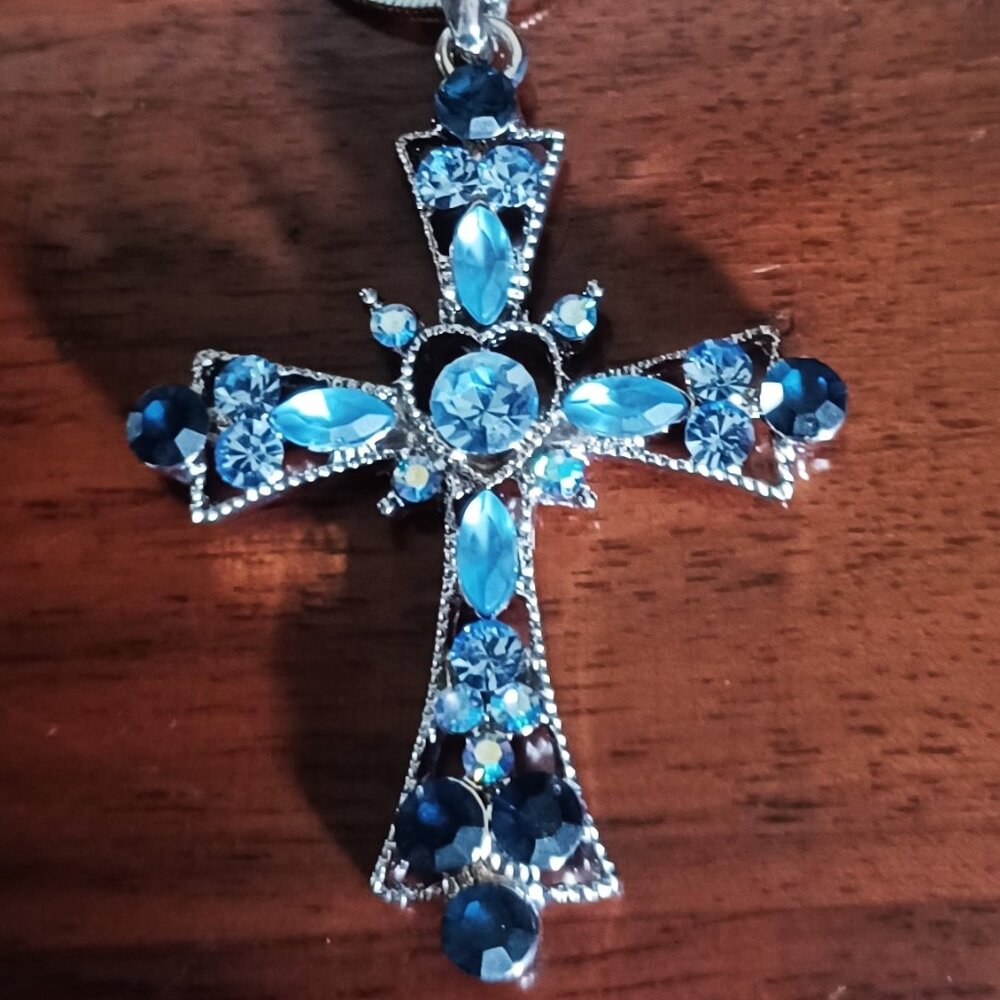 Navy & Light Blue Rhinestone Cross Necklace on a Silver-Tone Rope Chain